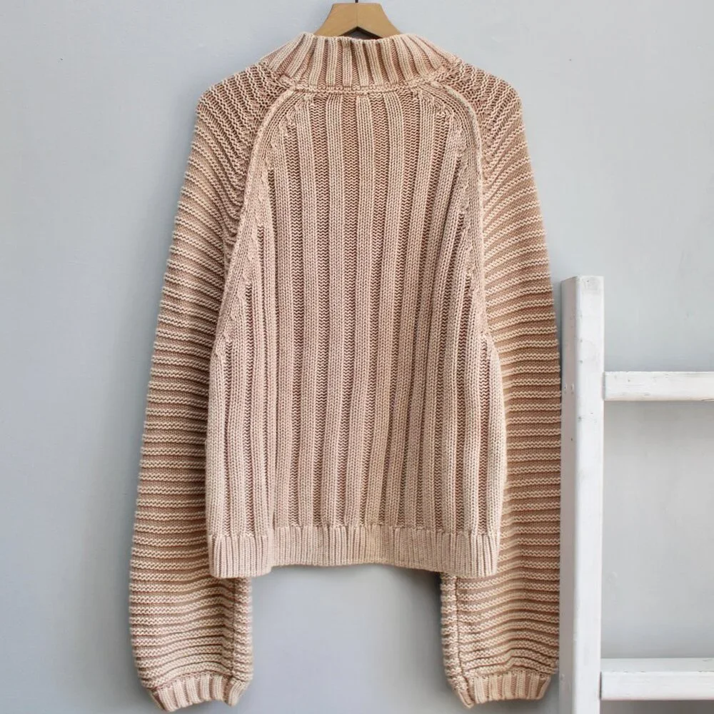 Free People Tan Light Brown Chunky Knit Mock-Neck Sweetheart Sweater Size Large - Picture 2 of 6